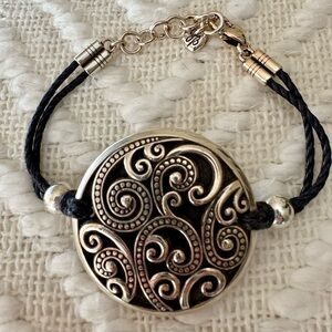 Brighton Silver Scroll Disc Double Black Cord Bracelet (retired) Anahita